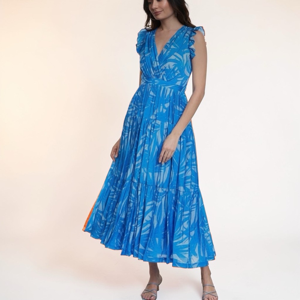 Taylor Ocean Blue Leaf Print Maxi Tiered size 10 Dress - Picture 6 of 6